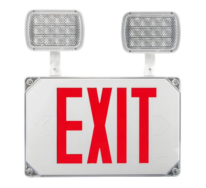 Exit Combo | Thermo Plastic | Style 3 | Wet Rated | White Color | Single or Double Facing | Red Lettering | 6500K Dual Heads | Surface Mount | 120/277 Vac Input | Emergency Battery Backup