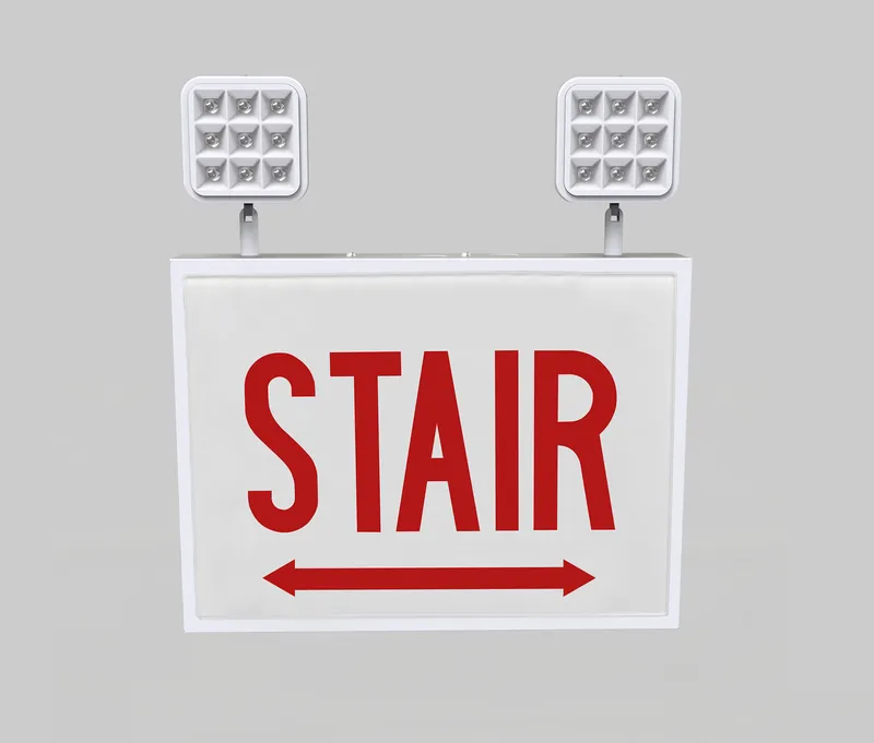 Exit Combo | Steel | Chicago Compliant | Style 1 | White Color | Single Facing | Red Lettering | 6500K Dual Heads | Surface Mount | 120-277 Vac Input | Emergency Battery Backup | High Lumen Output | Additional Faceplate Included: EXIT DOUBLE ARROW