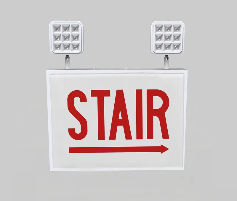Exit Combo | Steel | Chicago Compliant | Style 1 | White Color | Single Facing | Red Lettering | 6500K Dual Heads | Surface Mount | 120-277 Vac Input | Emergency Battery Backup | High Lumen Output | Additional Faceplate Included: STAIR RIGHT ARROW