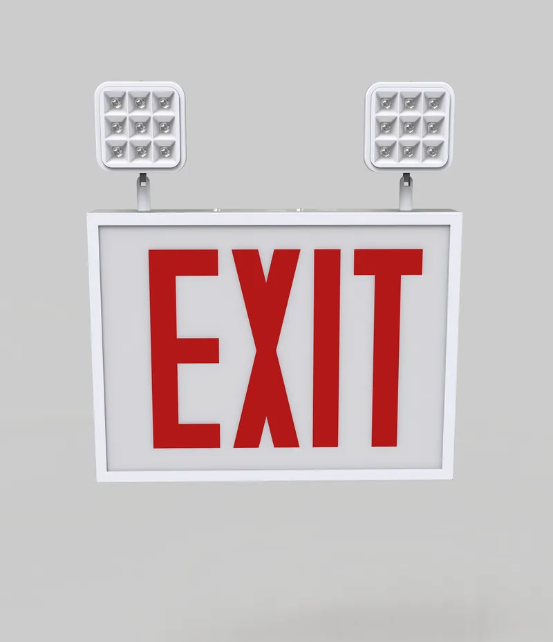 Exit Combo | Steel | Chicago Compliant | Style 1 | White Color | Single Facing | Red Lettering | 6500K Dual Heads | Surface Mount | 120-277 Vac Input | Emergency Battery Backup | High Lumen Output