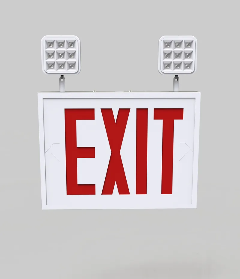 Exit Combo | Steel | NYC Compliant | Style 1 | White Color | Single or Double Facing | Red Lettering | 6500K Dual Heads | Surface Mount | 120-277 Vac Input | Emergency Battery Backup
