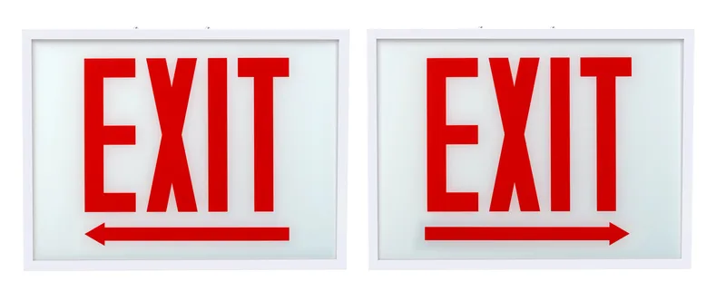 Exit Combo | Steel | Chicago Compliant | Style 1 | White Color | Single Facing | Red Lettering | 6500K Dual Heads | Surface Mount | 120-277 Vac Input | Emergency Battery Backup | Additional Faceplates Included: EXIT LEFT ARROW + EXIT RIGHT ARROW