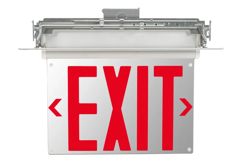 Exit Sign | Edge Lit | NYC Compliant | Style 1 | White Color | Single or Double Facing | Red Lettering | Recessed Mount | 120-277 Vac Input | Emergency Battery Backup