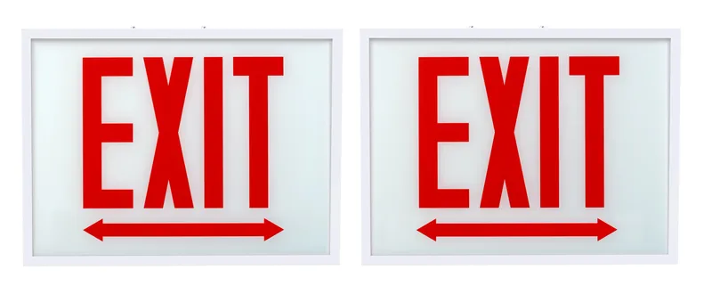 Exit Sign | Steel | Chicago Compliant | Style 1 | White Color | Single Facing | Red Lettering| Surface Mount | 120-277 Vac Input | Emergency Battery Backup | Additional Faceplates Included: EXIT DOUBLE ARROW x2