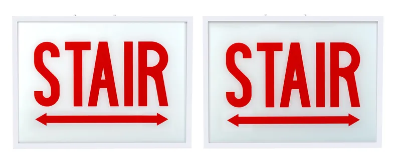 Exit Sign | Steel | Chicago Compliant | Style 1 | White Color | Single Facing | Red Lettering| Surface Mount | 120-277 Vac Input | Emergency Battery Backup | Additional Faceplates Included: STAIR DOUBLE ARROW x2