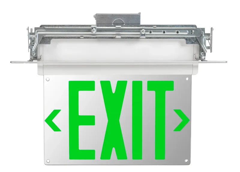 Exit Sign | Edge Lit | Style 2 | White Color | Single or Double Facing | Green Lettering | Universal Mount | 120-277 Vac Input | Emergency Battery Backup