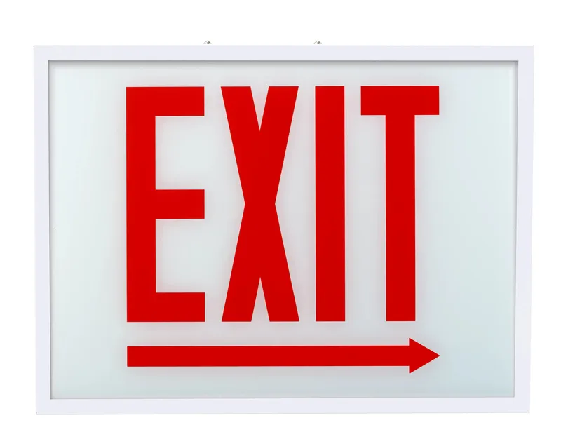 Exit Sign | Steel | Chicago Compliant | Style 1 | White Color | Single Facing | Red Lettering| Surface Mount | 120-277 Vac Input | Emergency Battery Backup | Additional Faceplate Included: EXIT RIGHT ARROW