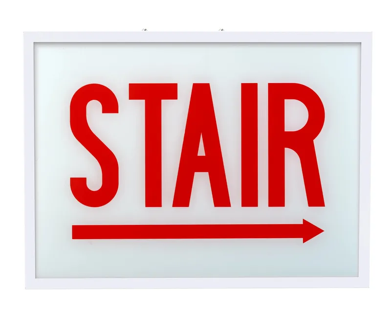 Exit Sign | Steel | Chicago Compliant | Style 1 | White Color | Single Facing | Red Lettering| Surface Mount | 120-277 Vac Input | Emergency Battery Backup | Additional Faceplate Included: STAIR RIGHT ARROW