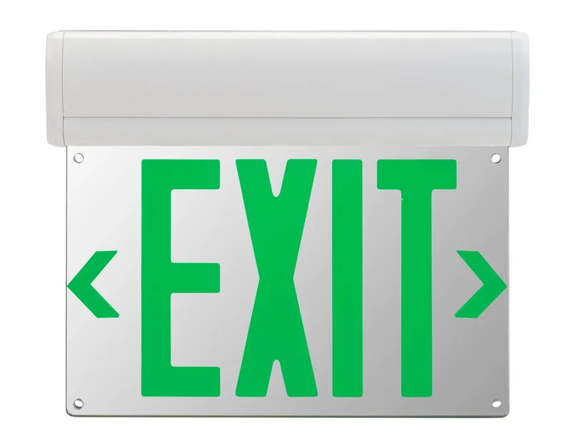 Exit Sign | Edge Lit | Style 1 | White Color | Single or Double Facing | Green Lettering| Surface Mount | 120-277 Vac Input | Emergency Battery Backup