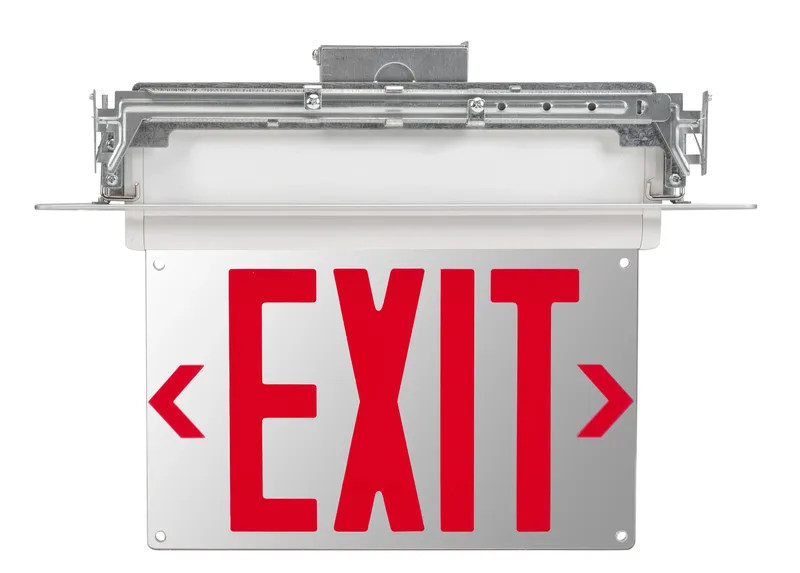 Exit Sign | Edge Lit | Style 2 | White Color | Single or Double Facing | Red Lettering| Universal Mount | 120-277 Vac Input | Emergency Battery Backup