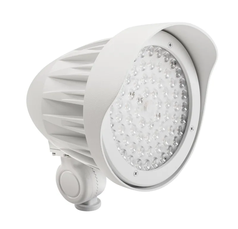 25W LED Bullet Floodlight. Power Select 25/20/15W. Color Select 30/40/50K. Built in photocell. 120-277V input. 4H x 4V optics lens with alternate 3H x 3V option. Knuckle mount included. White housing. Generation 2
