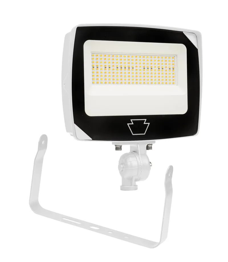 35/25/15W LED Flood Light feat. Power Select & Color Select. Rectangular Series 4 with Built-in Photocell. 120-277V Input. 3000/4000/5000K. Standard White Housing. Wide Flood, 7H x 7W Distribution. Knuckle and Yoke Mounts Included.