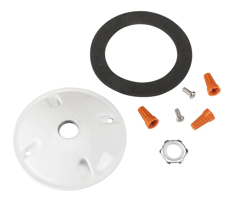 Round Cover Plate for mounting Flood Lights on 4" Round boxes. Includes Mounting Hardware. White Color
