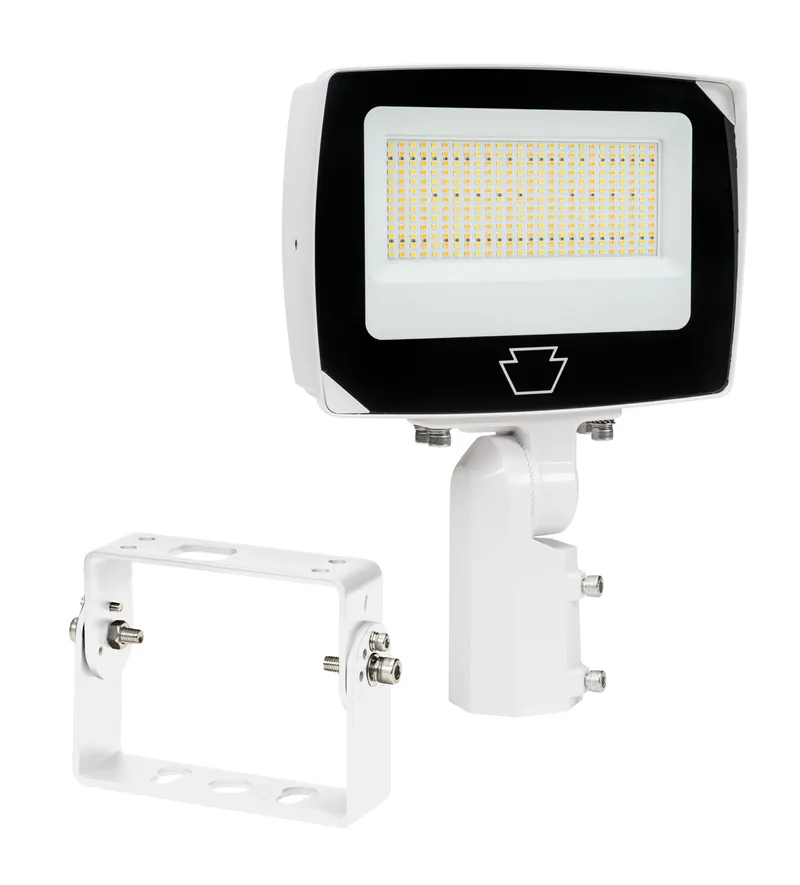 100/90/80W LED Flood Light feat. Power Select & Color Select. Rectangular Series 4 with Built-in Photocell. 120-277V Input. 3000/4000/5000K. Standard White Housing. Wide Flood, 7H x 7W Distribution. Slip Fitter and Trunnion Mounts Included.