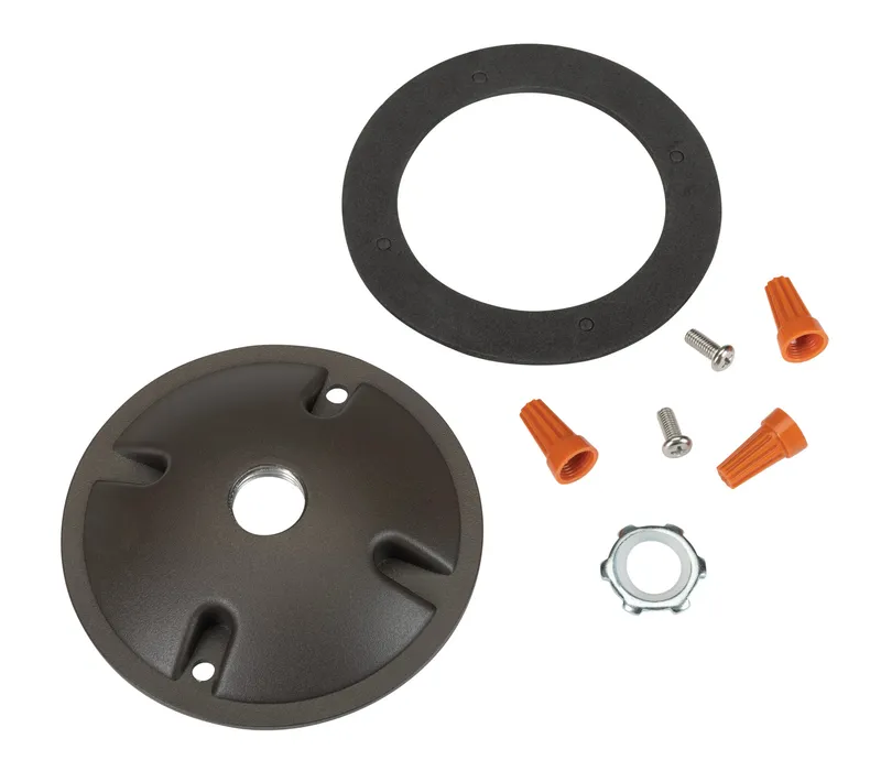 Round Cover Plate for mounting Flood Lights on 4" Round boxes. Includes Mounting Hardware. Standard Bronze Color