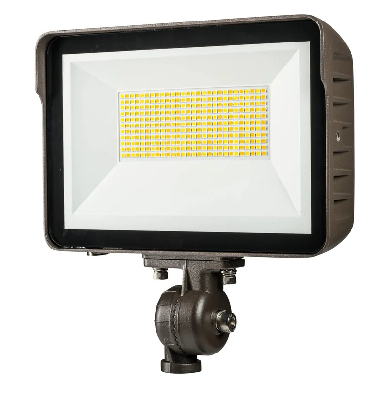 60W LED Flood Light feat. Color Select, Rectangular Series 1 with built in photocell. 120-277V Input, 3000K/4000K/5000K. Standard Bronze Housing. Wide Beam Spread, Universal Mount (1/2in Knuckle Mount with Yoke Mount option included) Dimmable. TAA compli