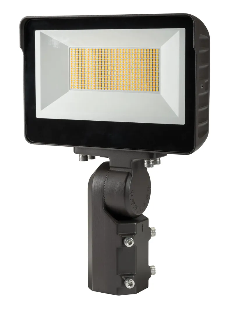 100W LED Flood Light feat. Color Select, Rectangular Series 1 with built in photocell. 120-277V Input, 3000K/4000K/5000K. Standard Bronze Housiing. Wide Beam Spread, Slip Fitter Mount. TAA compliant