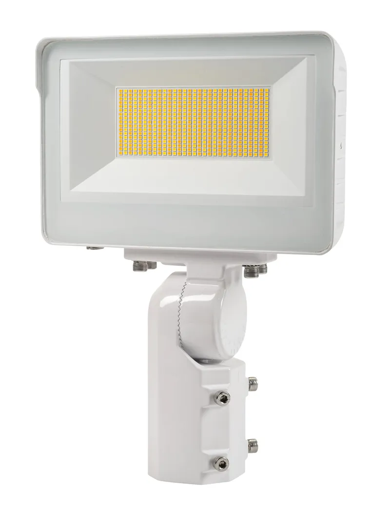 100W LED Flood Light feat. Color Select, Rectangular Series 1 with built in photocell. 120-277V Input, 3000K/4000K/5000K. Standard White Housing. Wide Beam Spread, Slip Fitter Mount