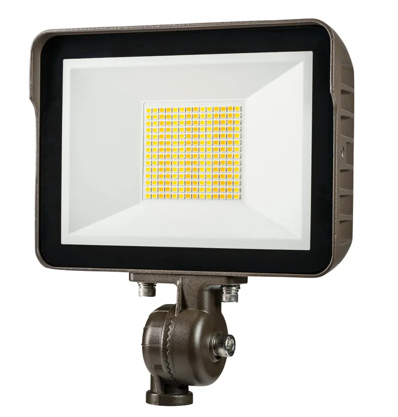 35W LED Flood Light feat. Color Select, Rectangular Series 1 with built in photocell. 120-277V Input, 3000K/4000K/5000K. Standard Bronze Housing. Wide Beam Spread, Universal Mount (1/2in Knuckle Mount with Yoke Mount option included) Dimmable. TAA compli