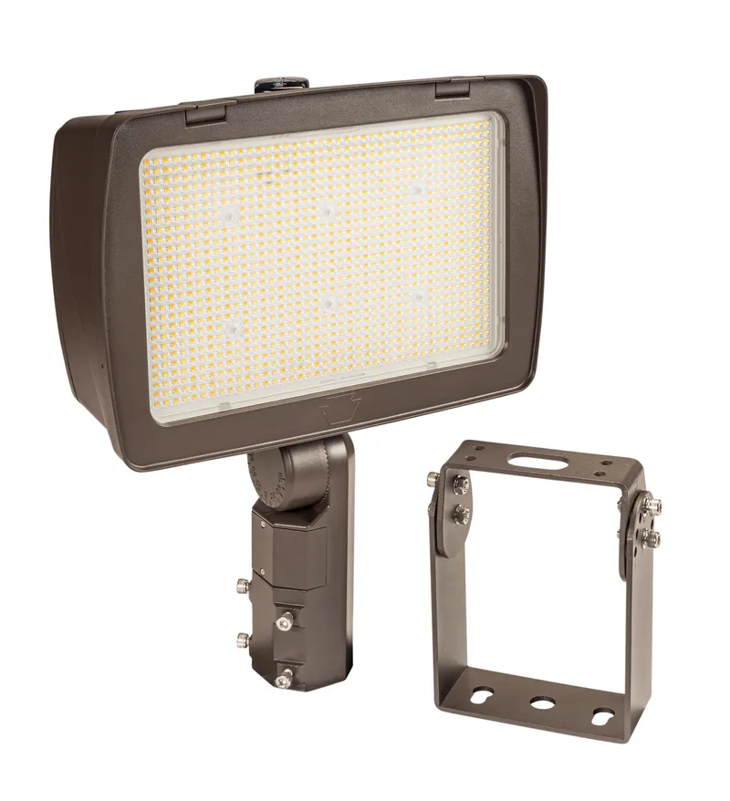 290/210W LED High Power Flood Light feat. Power Select, Color Select. Rectangular Series 4 with 3-pin Photocell. 120-277V Input. 3000/4000/5000K. Standard Bronze Housing. Optic Swap Designation F, 7H x 6V Distribution Installed, 6H x 6V & 5H x 5V Inc