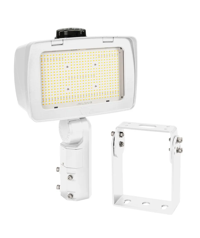 140/100W LED High Power Flood Light feat. Power Select, Color Select. Rectangular Series 4 with 3-pin Photocell. 120-277V Input. 3000/4000/5000K. Standard White Housing. Optic Swap Designation F, 7H x 6V Distribution Installed, 6H x 6V & 5H x 5V Incl