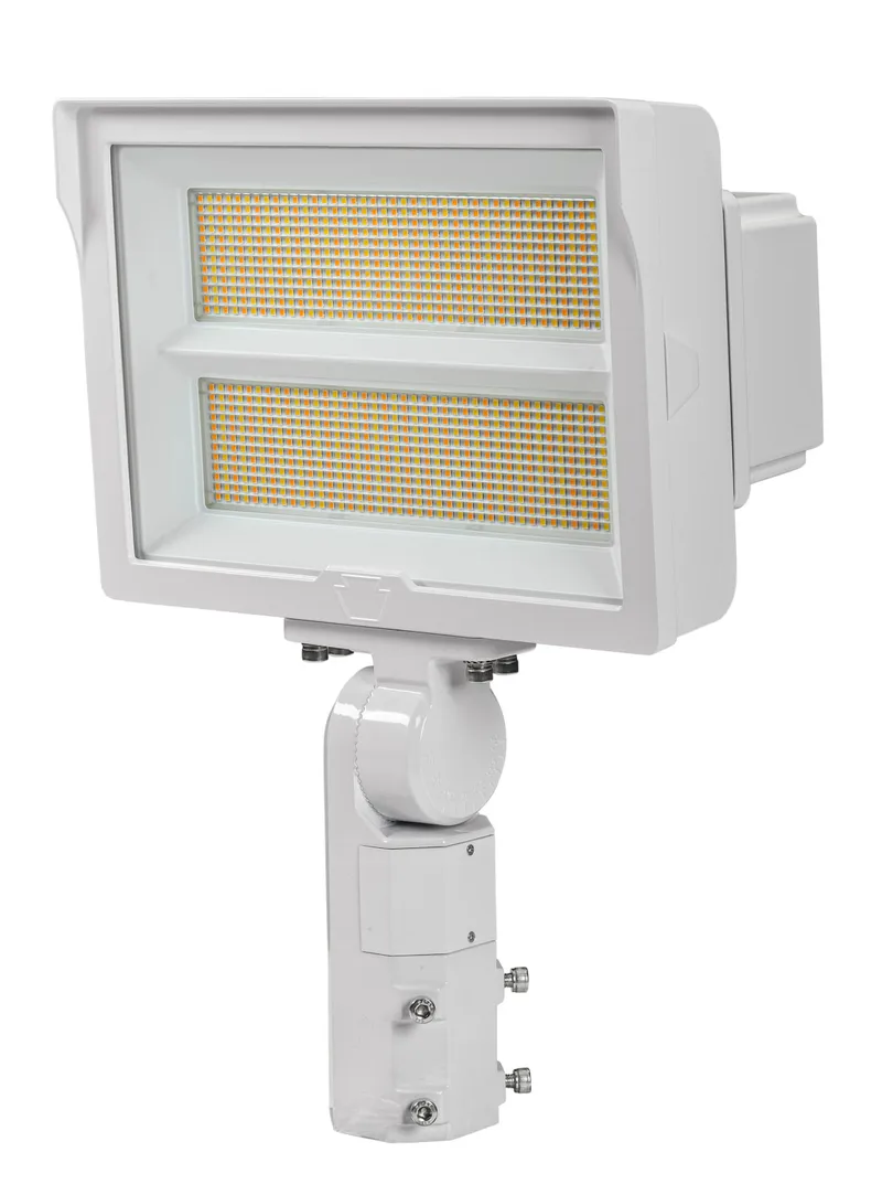 290W LED Flood Light feat. Power Select, Color Select. Rectangular Series 2 with 3-pin Photocell. 120-277V Input, 3000K/4000K/5000K. White Housing. 7H x 6V Distribution, Slip Fitter and Trunnion Mount Included.