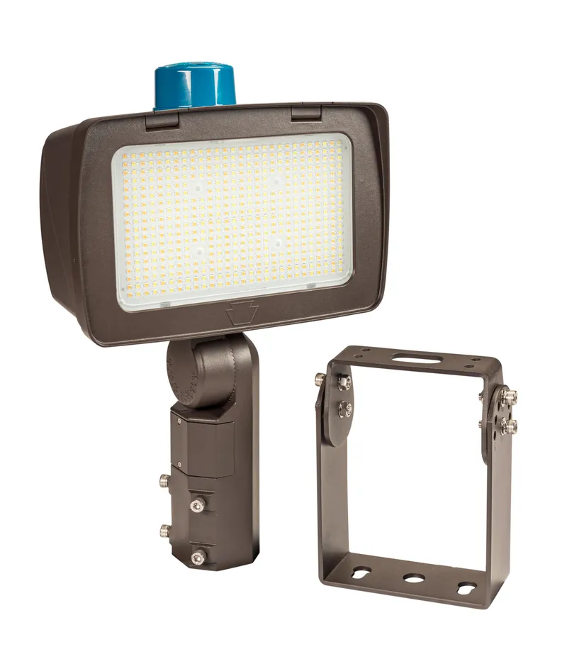 140/100W LED High Power Flood Light feat. Power Select, Color Select. Rectangular Series 4 with 3-pin Photocell. 120-277V Input, 3000/4000/5000K. Standard Bronze Housing. Optic Swap Designation F, 7H x 6V Distribution Installed, 6H x 6V & 5H x 5V Incl