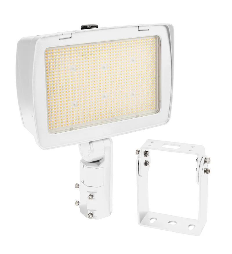 290/210W LED High Power Flood Light feat. Power Select, Color Select. Rectangular Series 4 with 3-pin Photocell. 120-277V Input. 3000/4000/5000K. Standard White Housing. Optic Swap Designation F, 7H x 6V Distribution Installed, 6H x 6V & 5H x 5V Incl