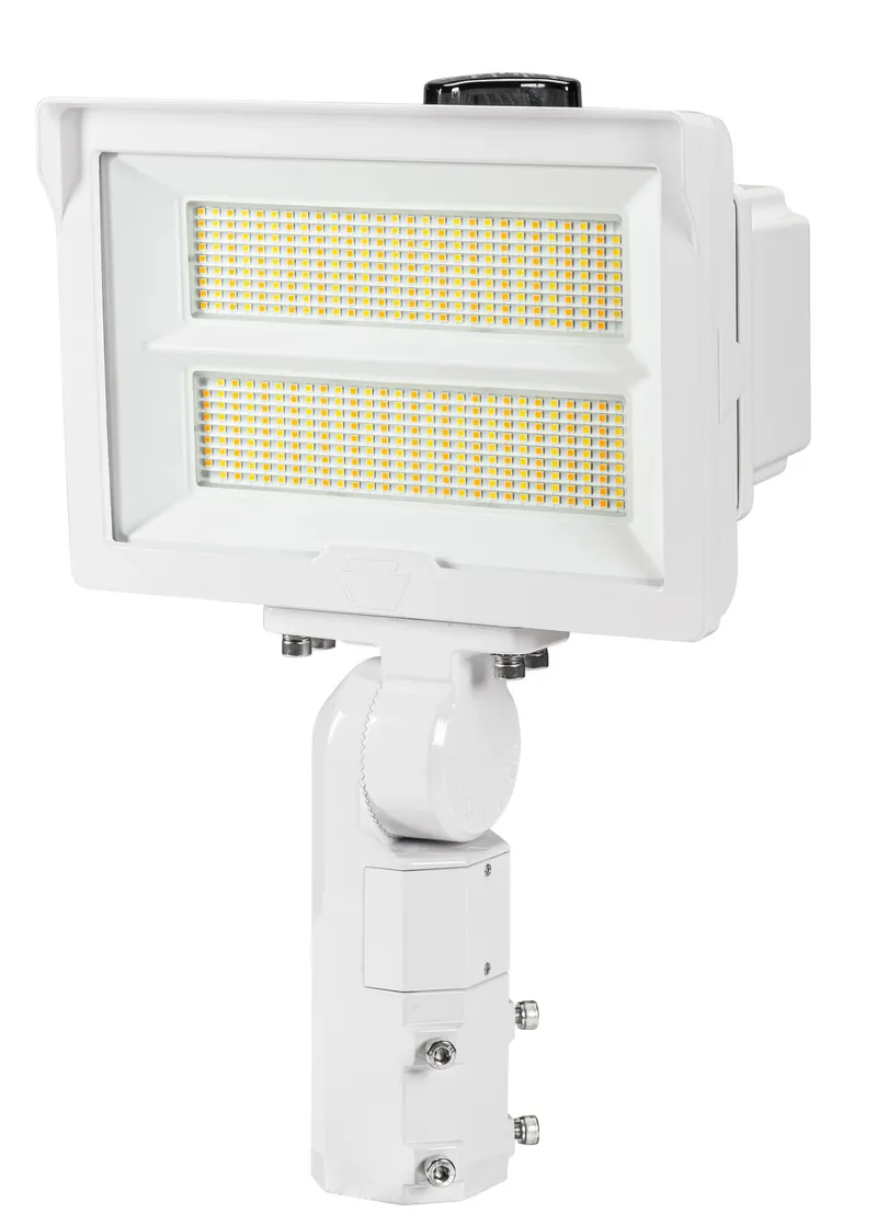 140W LED Flood Light feat. Power Select, Color Select. Rectangular Series 2 with 3-pin Photocell. 120-277V Input, 3000K/4000K/5000K. White Housing. 6H x 6V Distribution, Slip Fitter and Trunnion Mount Included.