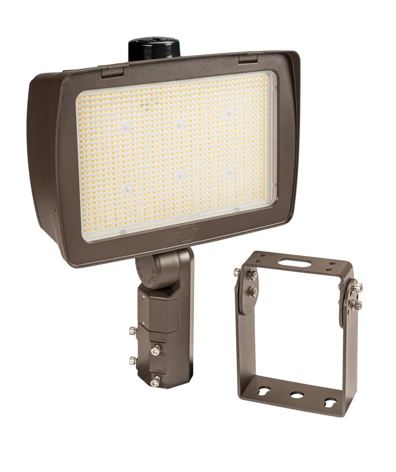 290/210W LED High Power Flood Light feat. Power Select, Color Select. Rectangular Series 4 with 3-pin Photocell. 277-480V Input. 3000/4000/5000K. Standard Bronze Housing. Optic Swap Designation F, 7H x 6V Distribution Installed, 6H x 6V & 5H x 5V Inc