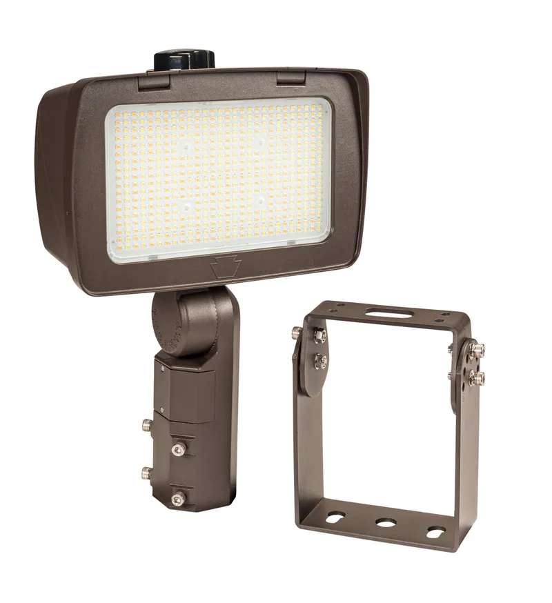 140/100W LED High Power Flood Light feat. Power Select, Color Select. Rectangular Series 4 with 3-pin Photocell. 277-480V Input. 3000/4000/5000K. Standard Bronze Housing. Optic Swap Designation F, 7H x 6V Distribution Installed, 6H x 6V & 5H x 5V Inc
