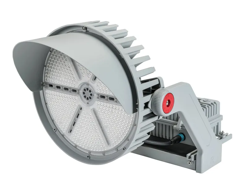 500W LED Sports Light Flood, 5000K, 70 CRI, 30° Beam Angle, 208-480V Input, 0-10V Dimmable, Yoke Mount and Glare Shield Included, Series 1 Small Housing, Gray. Fully Assembled