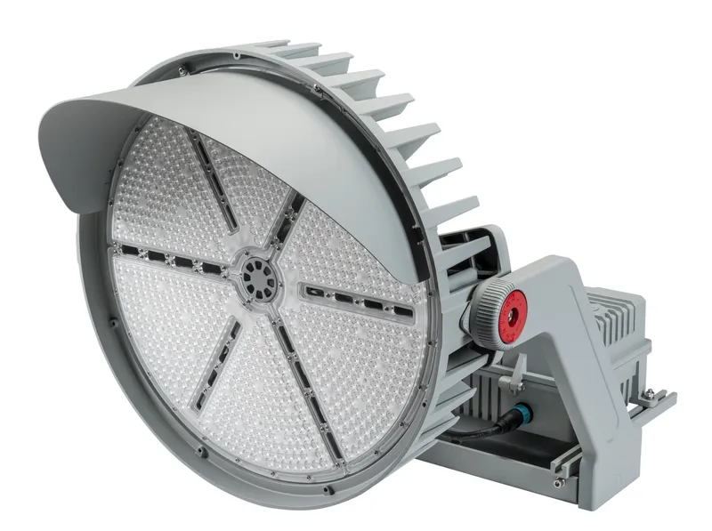 750W LED Sports Light Flood, 5000K, 70 CRI, 30° Beam Angle, 208-480V Input, 0-10V Dimmable, Yoke Mount and Glare Shield Included, Series 1 Medium Housing, Gray. Fully Assembled