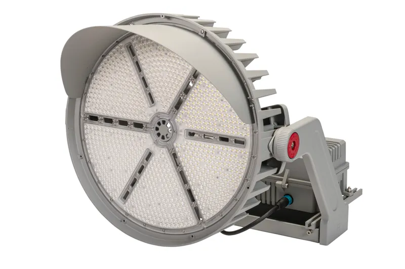 750W LED Sports Light Flood, 5000K, 70 CRI, 20° Beam Angle, 120-277V Input, 0-10V Dimmable, Yoke Mount and Glare Shield Included, Series 1 Medium Housing, Gray. Fully Assembled