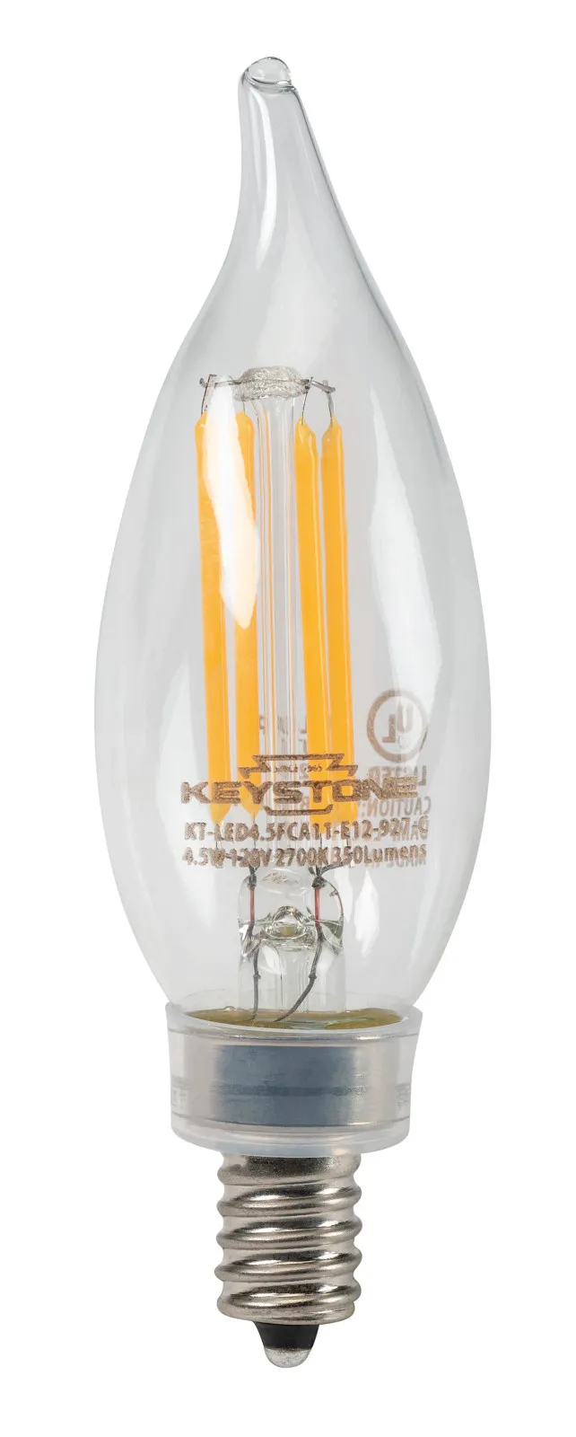 Bent Tip Chandelier Filament bulb, 40W Equivalent, CA11 shape, E12 Candalbra base, 2700K, 90 CRI , Clear