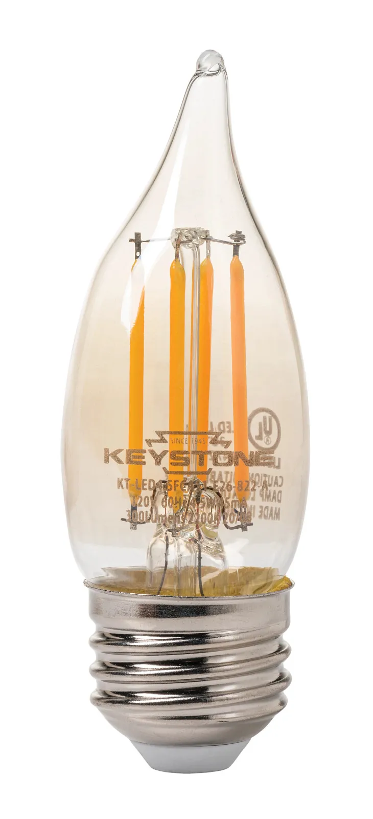 Bent Tip Chandelier Filament bulb, 40W Equivalent, CA11 shape, E26 Candelabra base, 2200K, 80 CRI, Amber