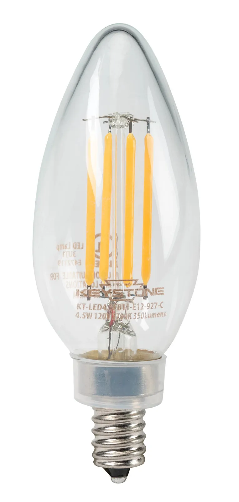 Straight Tip Chandelier Filament Bulb, 40W Equivalent, B11 shape, E12 Candalbra base, 3000K, 90 CRI , Clear