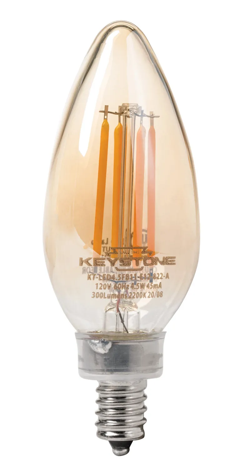 Straight Tip Chandelier Filament Bulb, 40W Equivalent, B11 shape, E12 Candelabra base, 2200K, 80 CRI , Amber