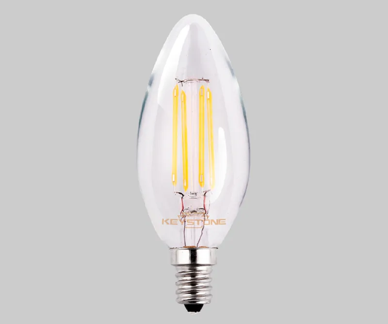 Straight Tip Chandelier Filament bulb, 60W Equivalent, B11 shape, E12 Candalbra base, 3000K, 90 CRI , Clear