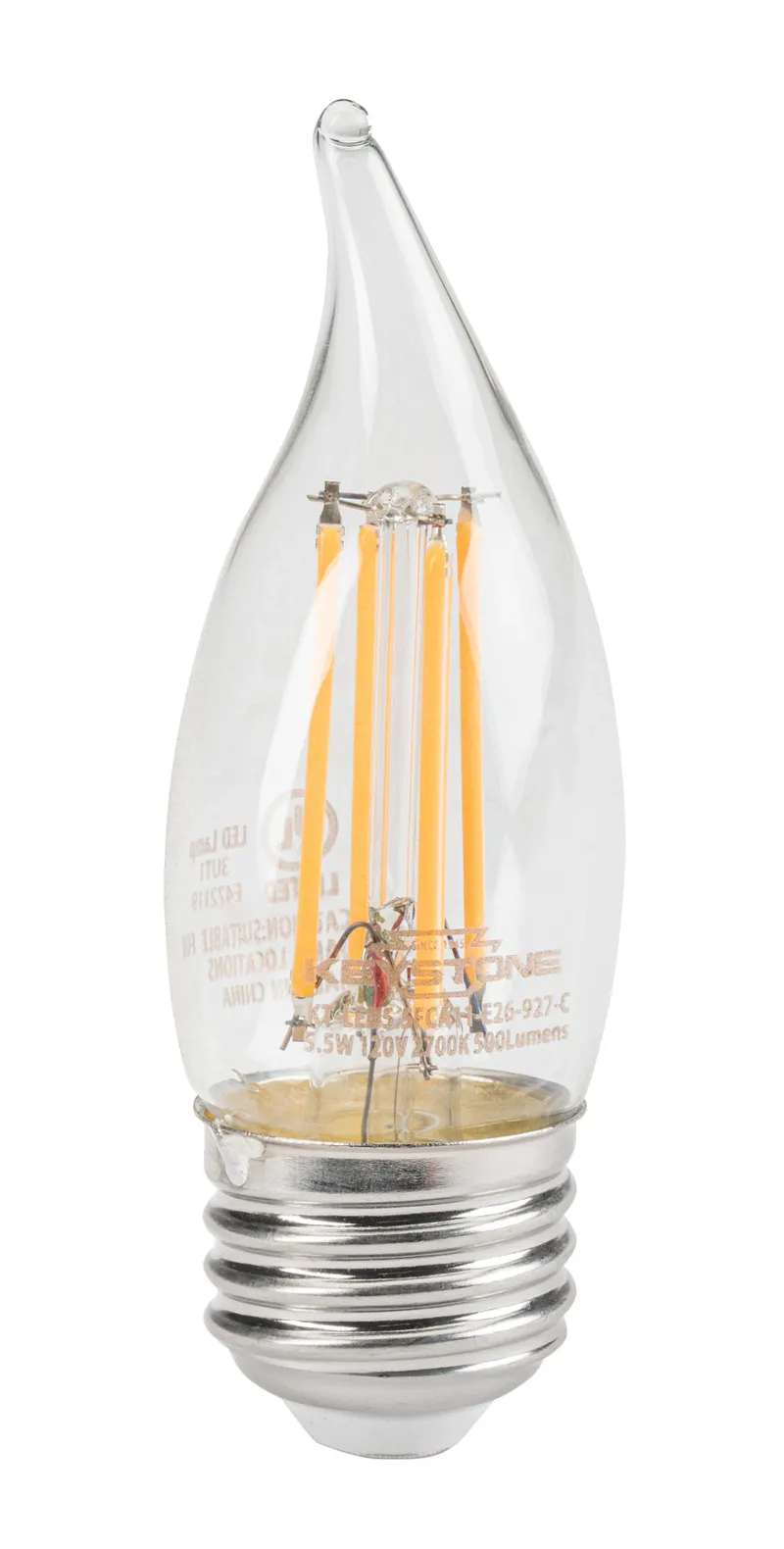 Bent Tip Chandelier Filament bulb, 40W Equivalent, CA11 shape, E26 Candalbra base, 2700K, 90 CRI, Clear