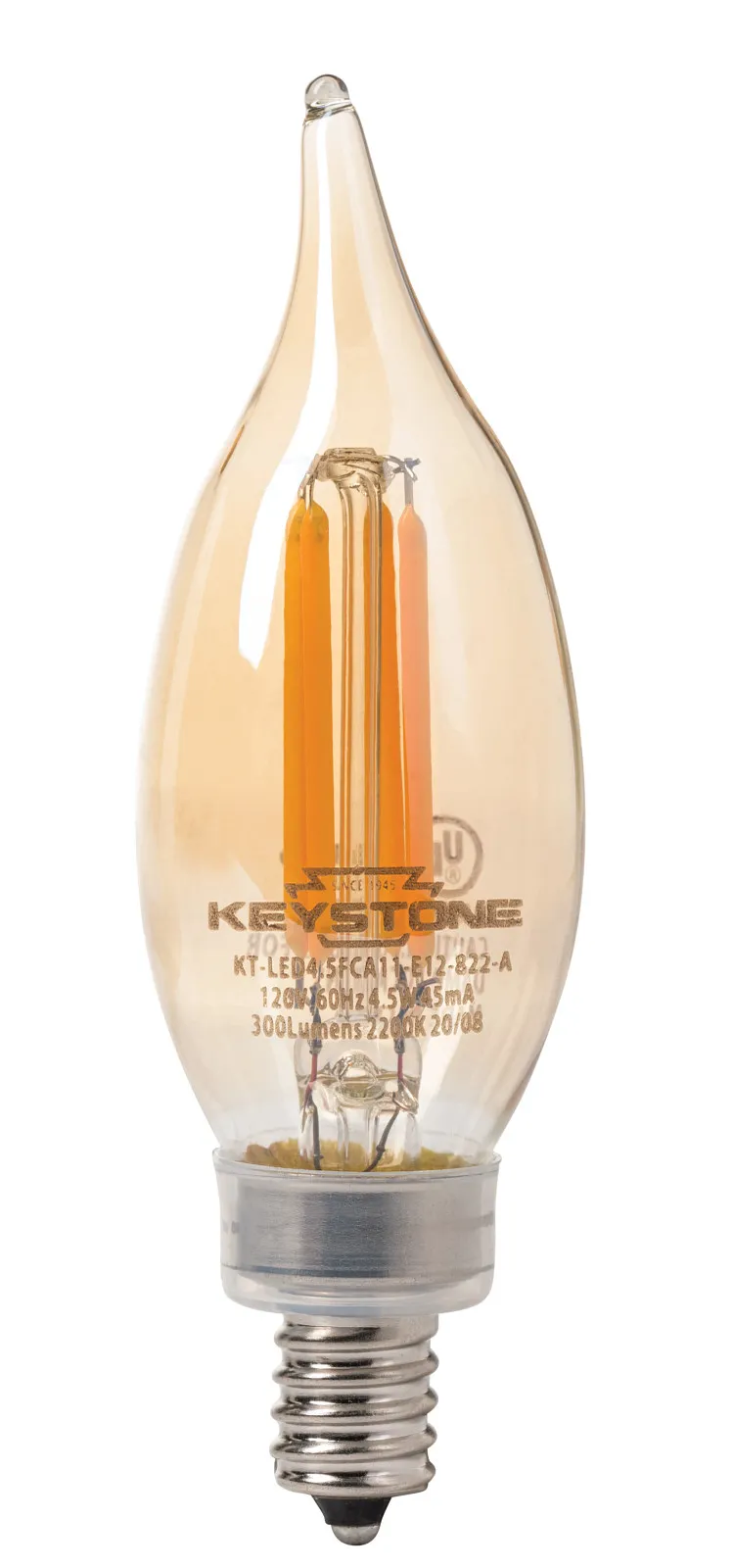 Bent Tip Chandelier Filament bulb, 40W Equivalent, CA11 shape, E12 Candelabra base, 2200K, 80 CRI, Amber