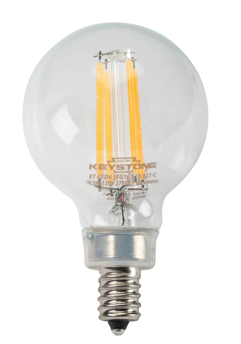 Small Globe Filament Bulb, 40W Equivalent, G16.5 shape, E12 Candalbra base, 3000K, 90 CRI, Clear