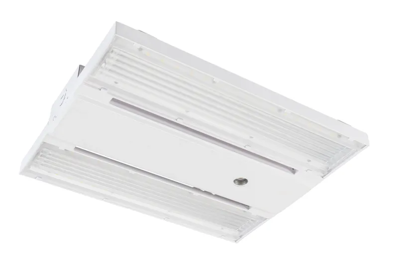 105W Power Select Color Select Die Cast Highbay with Optic Swap. 105W/90W/65W | 4000K/5000K | Includes (2) lens types. Standard 90 deg and Aisle Lens 45 x 110 deg. | 1ft Long | 120-277V input. 0-10V Dimmable with built in sensor receptacle