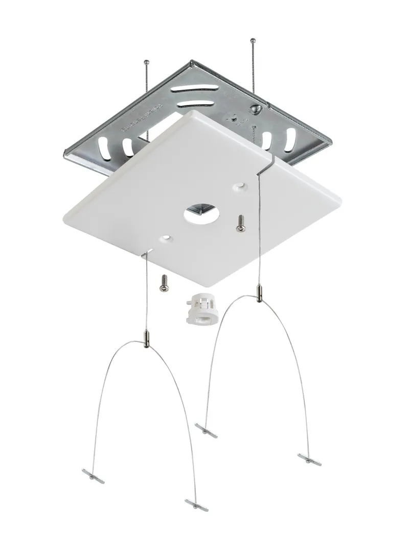 Canopy Cover Feed Kit for Linear Highbay, J-Box / T-Bar Box Mount | 5” square | White. Includes (2) 5’ long aircraft cables with adjustable gripper and 24” cross cable toggles. (1) 5” power feed square canopy with strain relief, (1) J-Box universal moun