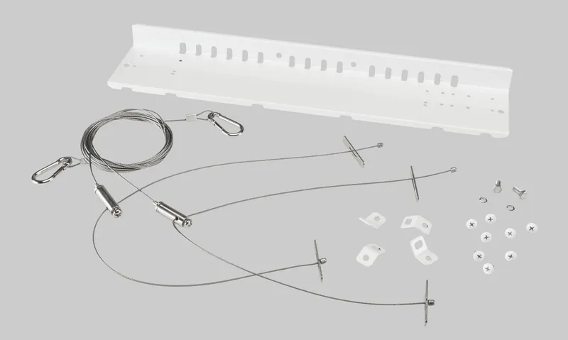 Emergency LED Backup Mounting Kit for LED Highbay Fixtures. Fit's all Keystone all Keystone "G" series Highbay Fixtures. Includes; Main Bracket, Wider Hanging Tabs, Aircraft Cable hanging set, and Mounting Hardware.