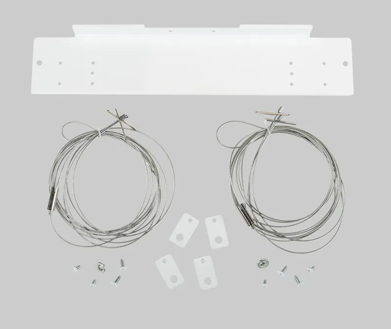 Emergency LED Backup Mounting Kit for LED Highbay Fixtures. Fit's all Keystone all Keystone G3 -1.5F, 2F, 3F Highbay Fixtures. Includes; Main Bracket, Wider Hanging Tabs, Aircraft Cable hanging set, and Mounting Hardware.