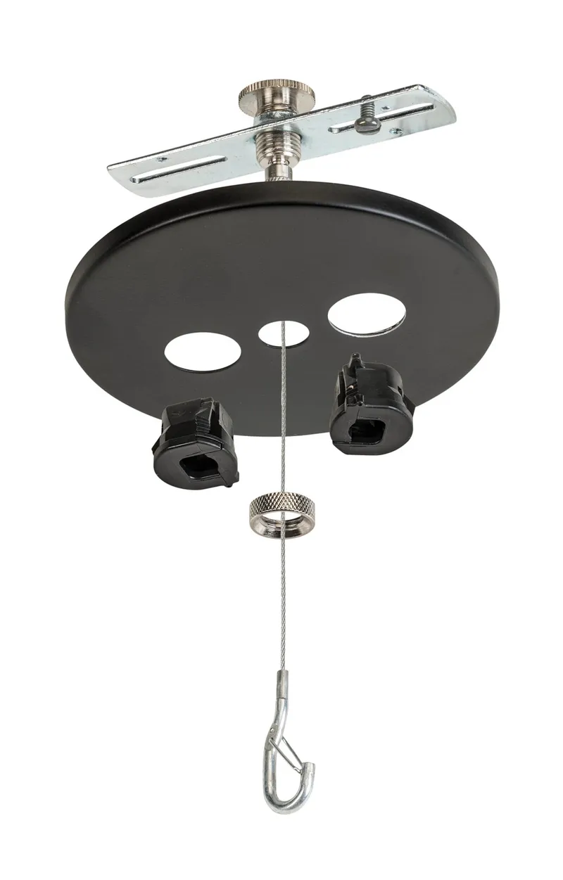 Canopy Cover Feed Kit for Round Highbay | J-Box Mount | 5" Round | Black | Includes 5ft aircraft cable with adjustable gripper and Hook End. (1) 5" canopy cover with Dual Feeds and strain reliefs, & additional hardware.