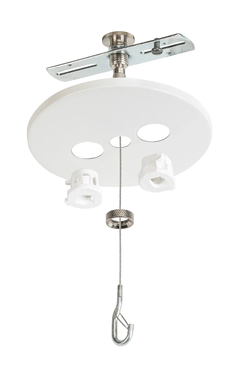 Canopy Cover Feed Kit for Round Highbay | J-Box Mount | 5" Round | White | Includes 5ft aircraft cable with adjustable gripper and Hook End. (1) 5" canopy cover with Dual Feeds and strain reliefs, & additional hardware.