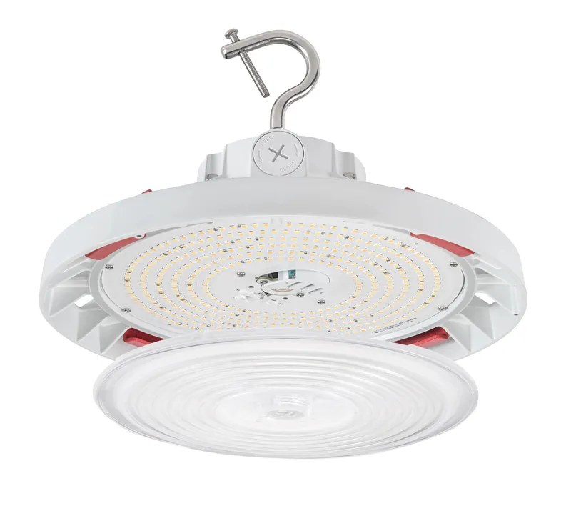100W Power & Color Selectable Round Highbay with Optic Swap |100W/70W/50W | Includes (2) lens types, Standard 90 deg and Wide Angle 120 deg | 12-inch diameter |120-277V | 3000K/4000K/5000K | 0-10V Dimming | Built-in sensor receptacle | White housing |O-Bo