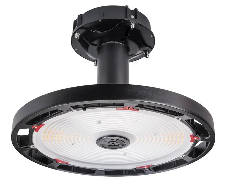 Round Highbay Fixture feat. Power Select & Color Select 400W /320W/240W, 120-277V Input, 4000K/5000K, 0-10V Dimming. Built in sensor receptacle. 60C Ambient Rated. TAA compliant